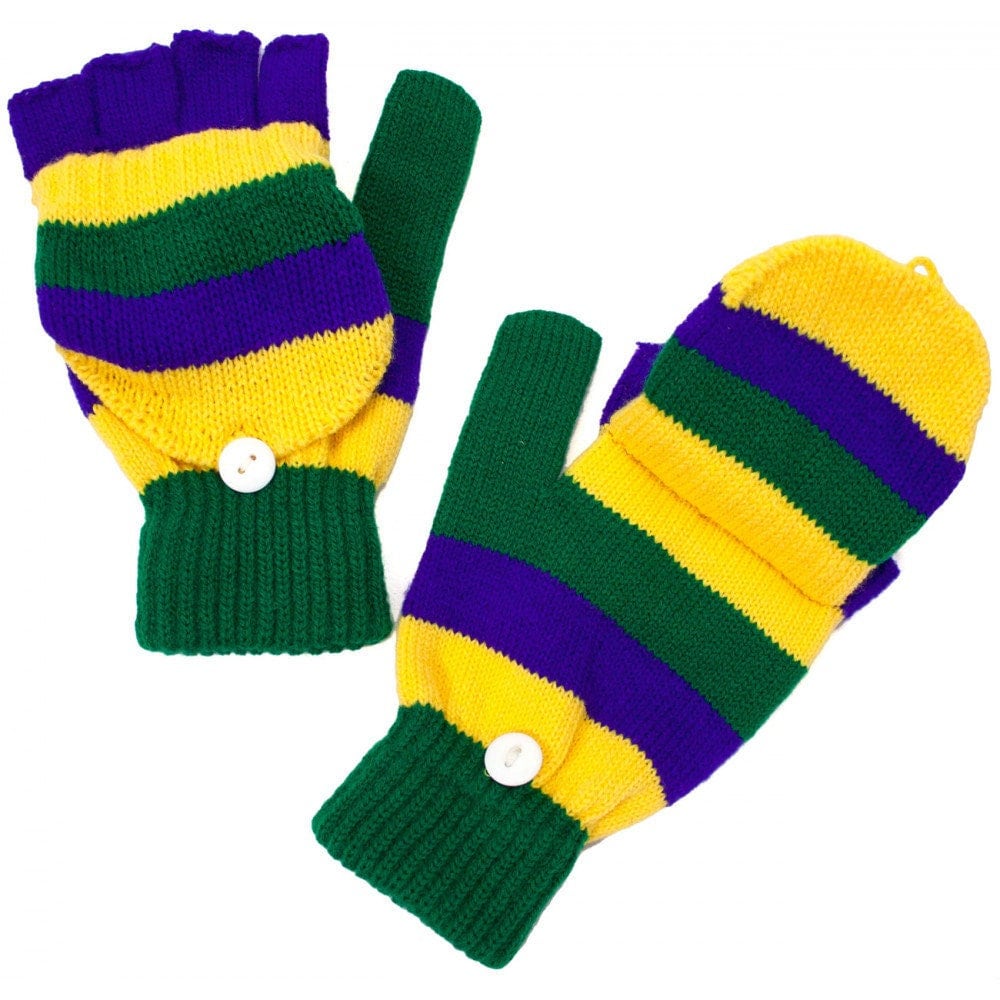 Unisex Fleur De Lis Mardi Gras Fingerless Gloves / Mittens Knit Winter Warm Purple green gold stripe Parade Embroidered