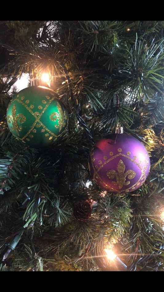 PGG Mardi Gras FLEUR DE Lis Ornaments: large (Set of 2) Purple Green Gold Christmas Tree Decor