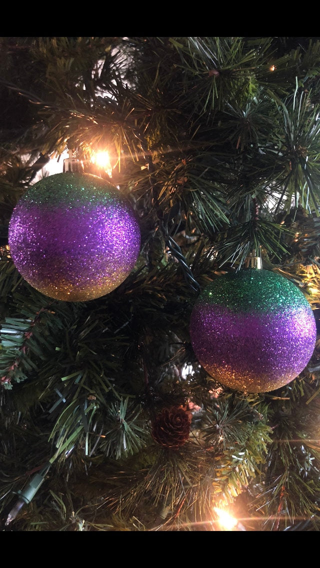 PGG Mardi Gras TIE DYE Ornaments: large (Set of 2) Purple Green Gold Christmas Tree Decor