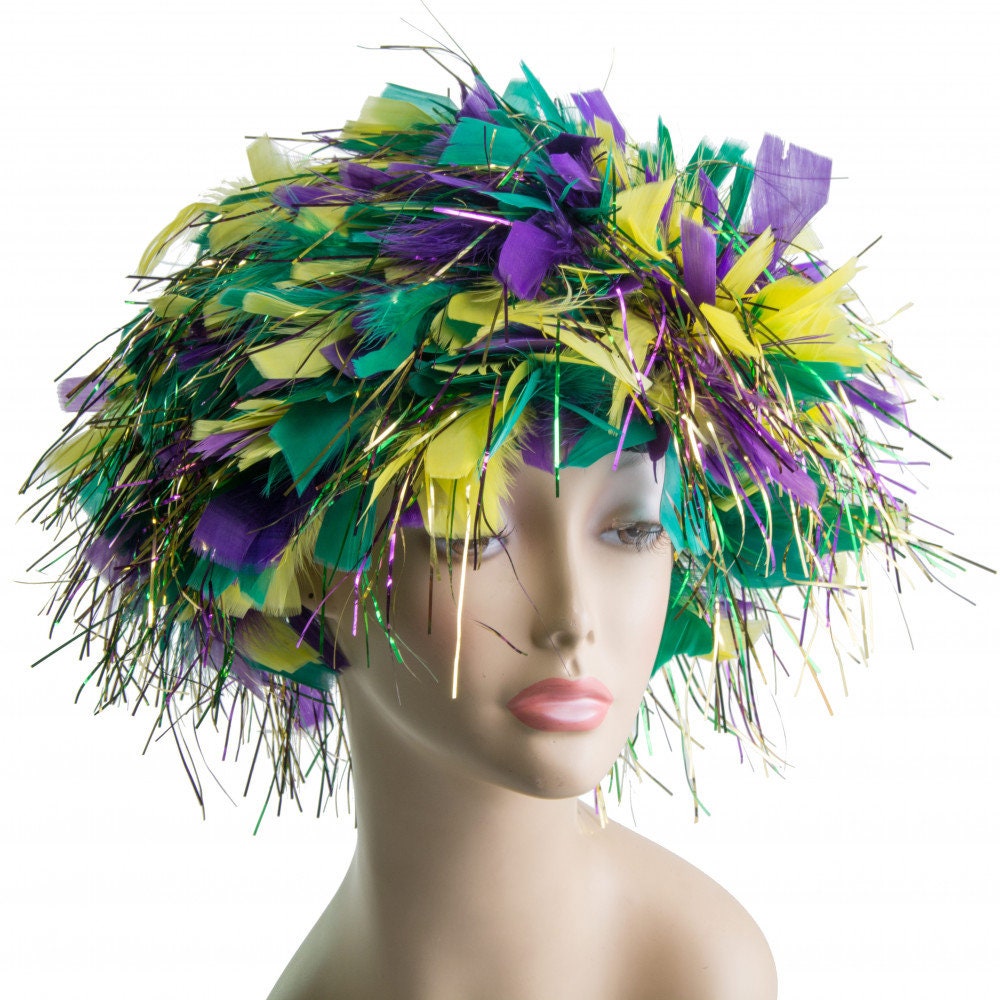 MARDI GRAS Feather Tinsel Wig Costume New Orleans Bourbon St Party Parade wear hat