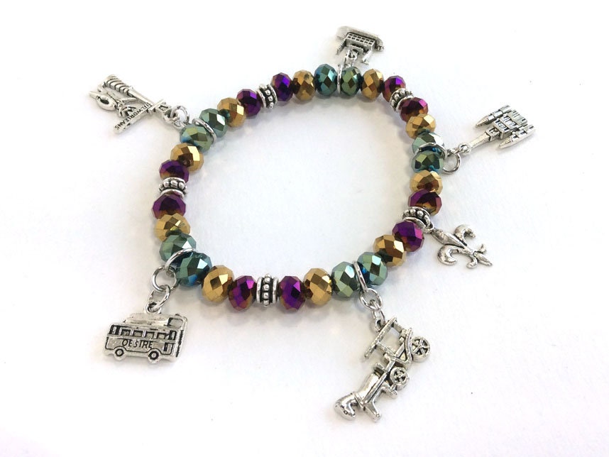 Mardi Gras Theme Charm Crystal NOLA Stretch Bracelet Jester Mask Fleur De Lis parade costume