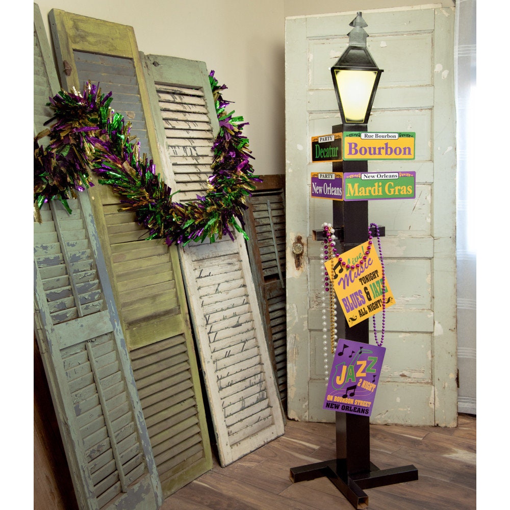 Flame Mardi Gras Bourbon Street St Lamp WITH BEADS! Mardi Gras Lantern Sign Decoration Light Post  New Orleans French QuarterFleur De lis