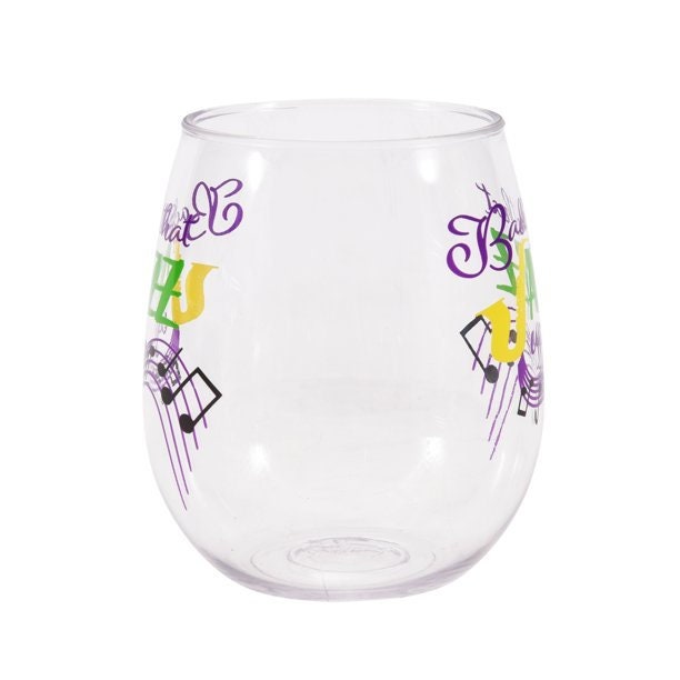 MARDI GRAS Confetti  18-Ounce Acrylic Stemless Wine Glass Back that Jazz up Cup parade Drink party New Orleans Bourbon Street comedy tragedy