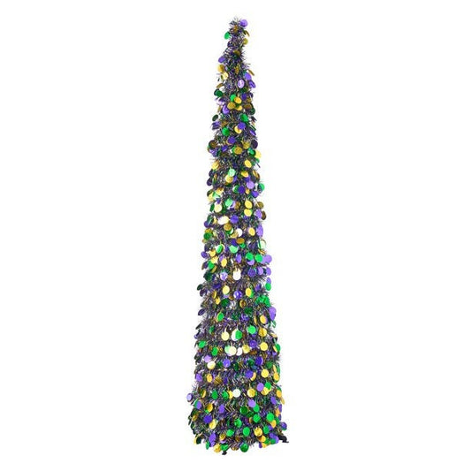 Mardi Gras 5FT, collapsible shiny sequin tinsel Tree New Orleans purple green gold Home decorations