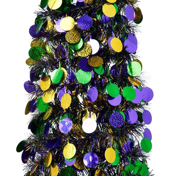 Mardi Gras 5FT, collapsible shiny sequin tinsel Tree New Orleans purple green gold Home decorations