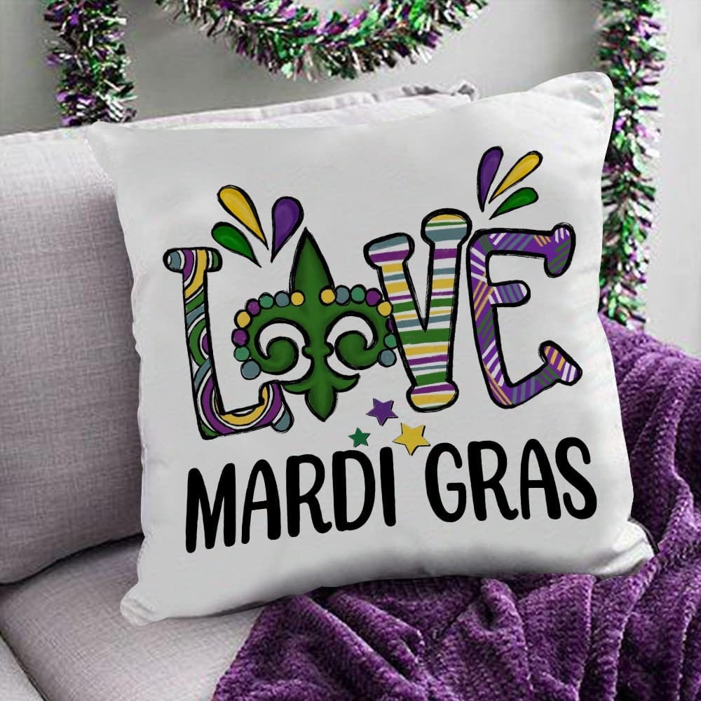 Mardi Gras Pillow Cover Happy Mardi Gras love  for Home Decorations Beads Fleur De Lis  Throw Pillows Decorative Fat Tuesday