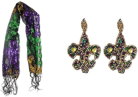 Mardi Gras Fleur De Lis Sequined Scarf and Seed bead Earrings Set  Purple Green Gold Fringe MASQUERADE COSTUME Sexy table runner tree skirt