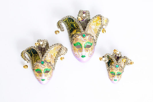 SET OF 3! Mardi Gras New Orleans 6" LARGE Venetian Mask with horn Ornament with Fabric Hat Holiday Tree style will vary slightly