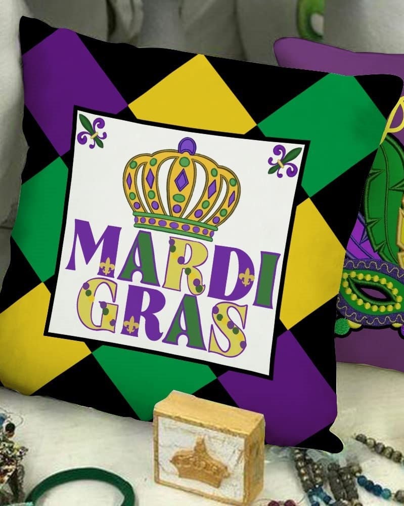 Mardi Gras Pillow Cover for Home Decorations Harlequin Crown King Beads Fleur De Lis  purple green gold Decorative Fat Tuesday