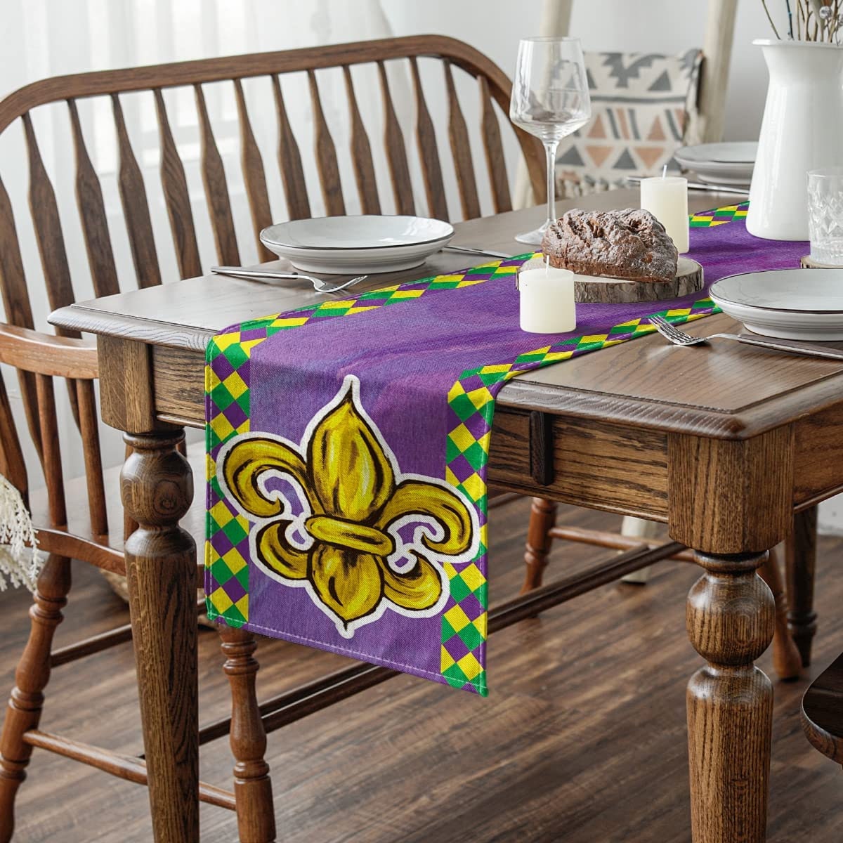 MARDI GRAS Carnival Table Runner HARLEQUIN  Fleur De Lis Holiday Dining  Decoration Indoor Outdoor Home Party Decor 13 x 72 In New Orleans