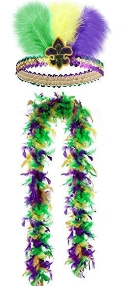 2 Pcs Mardi Gras Feather Boa and Fleur De lis Headband Costumes Party Purple Green Gold Masquerade Ball Costume Parade New Orleans