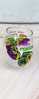 MARDI GRAS Confetti  18-Ounce Acrylic Stemless Wine Glass Pick Your Poison Cup parade Drink party New Orleans Bourbon Street comedy tragedy