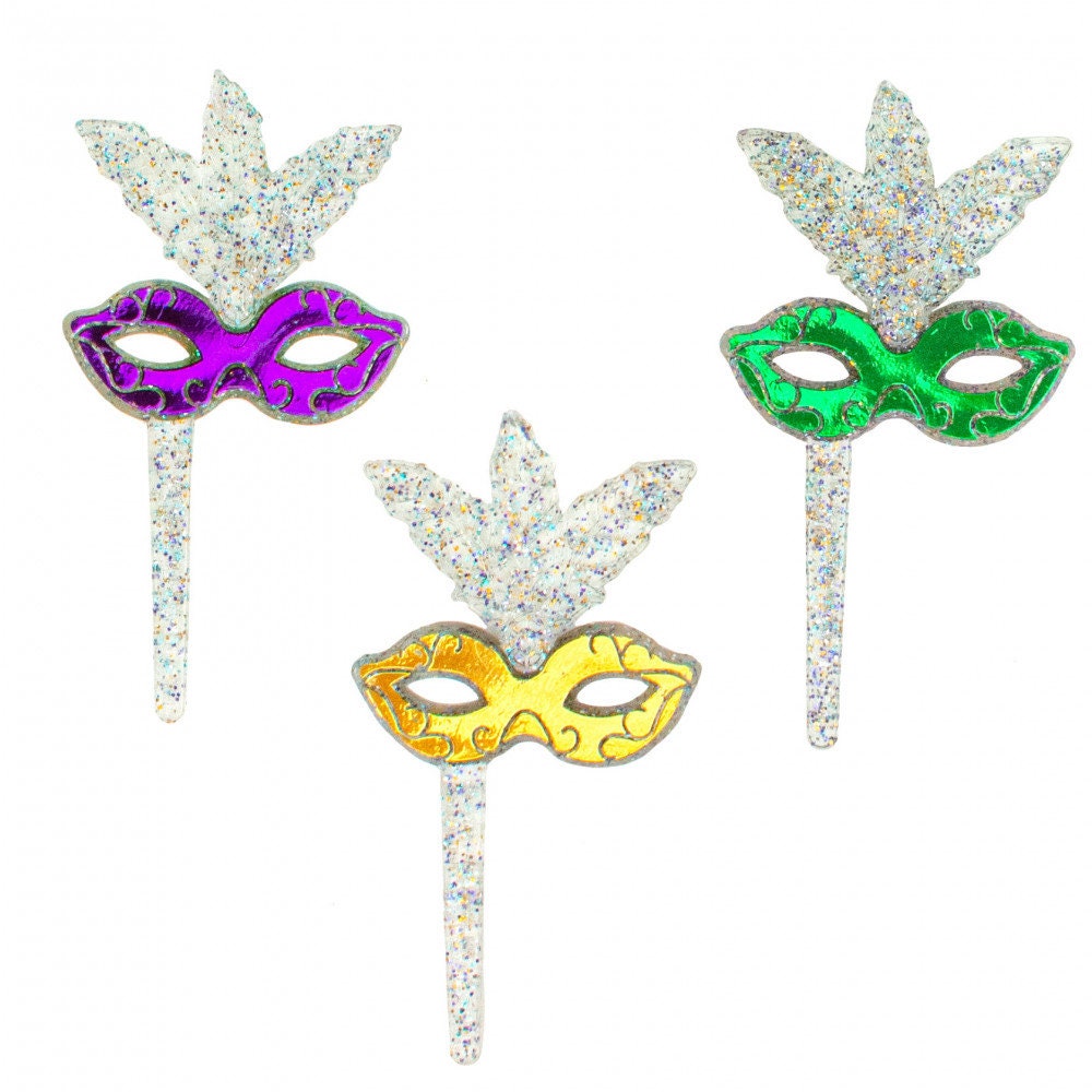 Mardi gras purple green gold Glitter Mask Food Picks (12) pics Cupcake Toppers (12) Parade masquerade parade party pick picks