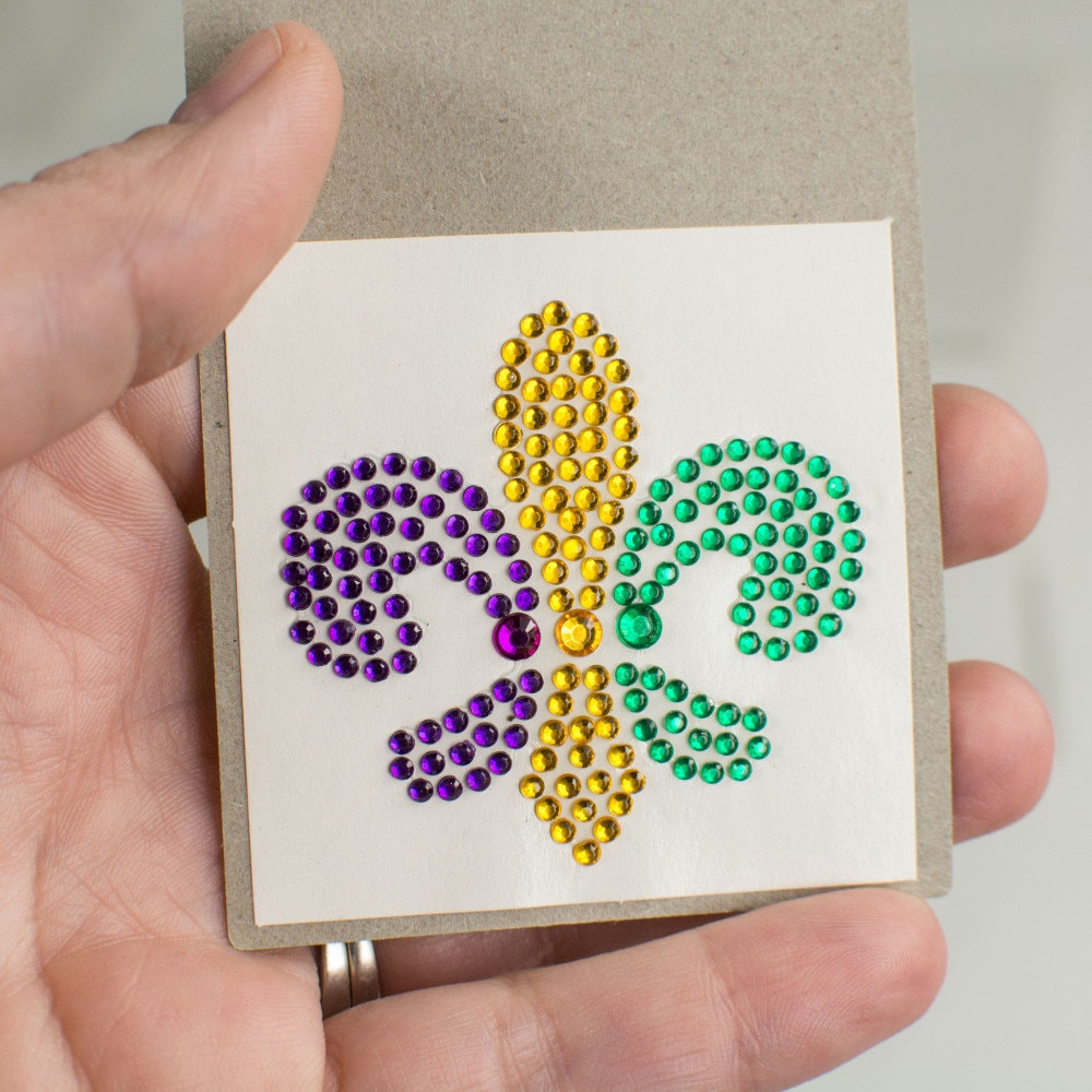 A (SET OF 2!)  Body Jewel: Fleur De Lis NOLA Mardi Gras Glitter Sticker purple green gold Parade wear Party Bourbon St.