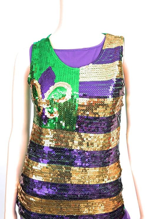 Mardi Gras Sequin sequence  Ball Top Blouse Shirt LARGE Purple Green Gold Fleur De Lis Flag  Stripe Party Parade Wear American