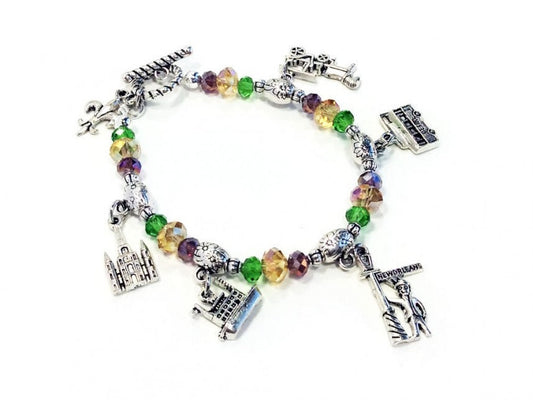 Mardi Gras Theme Charm Stretch Bracelet Jester Mask Street car St Louis Cathedral Fleur De Lis