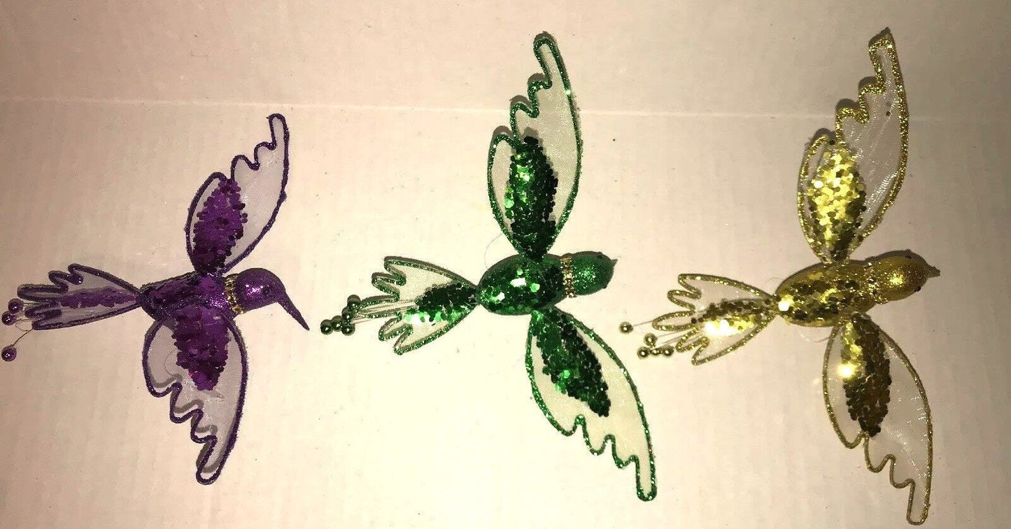 Mardi GRAS Feather bird On Clip (3)  Purple Green Gold  New Orleans Decor Broach wreath Christmas tree ornament