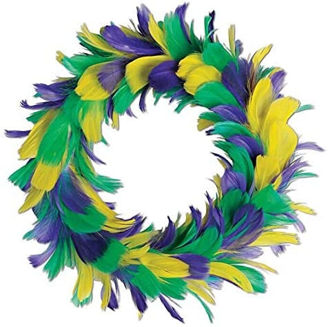 Mardi GRAS 8"  FEATHER  8" Purple, Green and Gold Feather Wreath  Decorated  Ornament Home Collection Decor Fat Tuesday