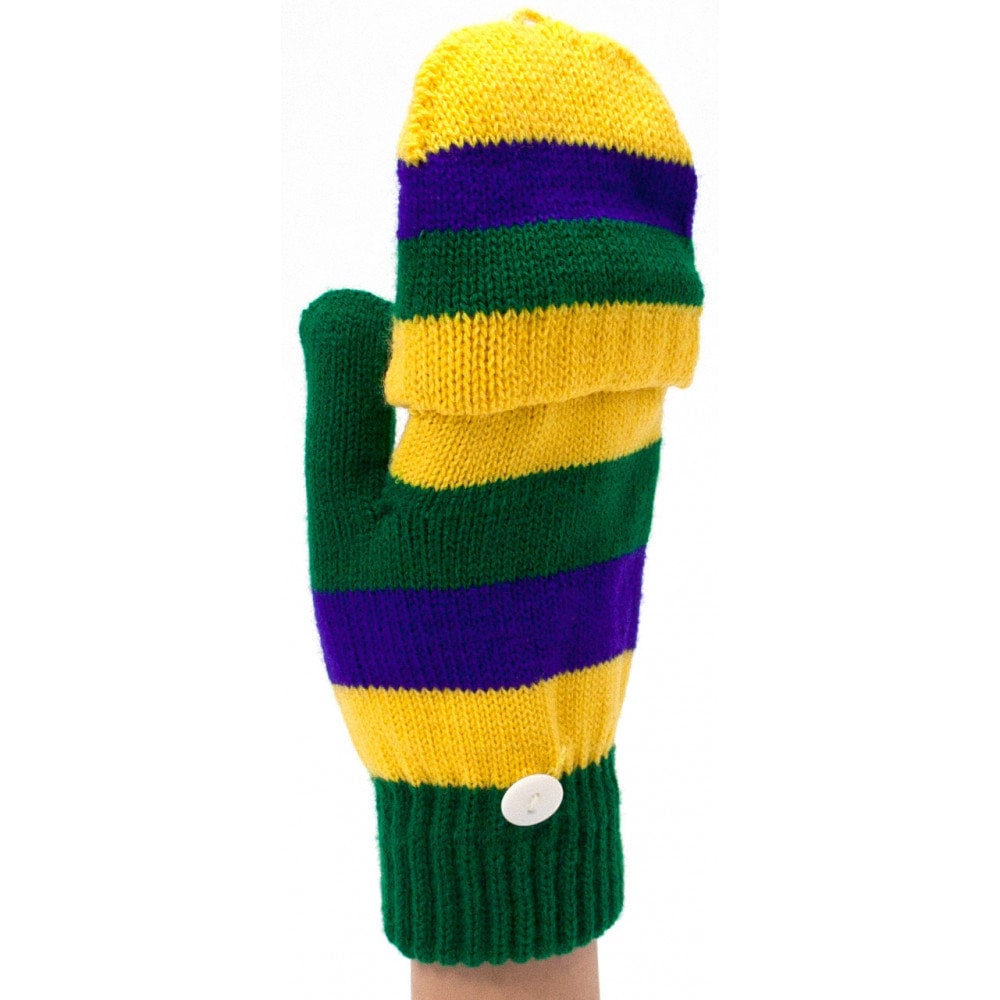 Unisex Fleur De Lis Mardi Gras Fingerless Gloves / Mittens Knit Winter Warm Purple green gold stripe Parade Embroidered