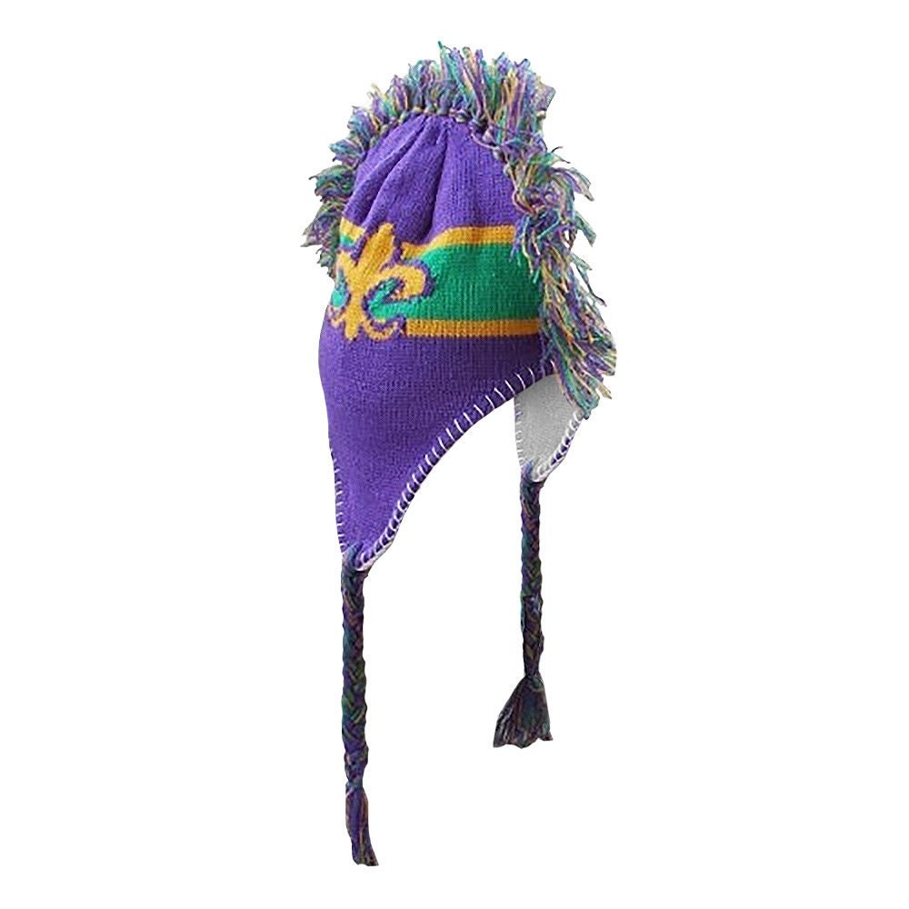 Mardi Gras Mardi Gras mohawk knit hat with fleur de lis Beanie Knit Hat: PGG purple green gold stripe Hat costume parade New Orleans Wear