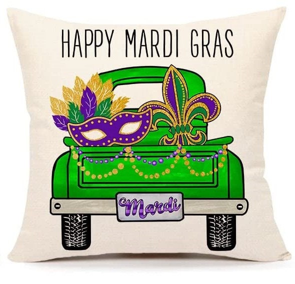 SET of 2! Mardi Gras Pillow Cover for Home Decorations Beads Fleur De Lis HARLEQUIN Mask Gnomes Farm Truck Decorative Fat Tuesday