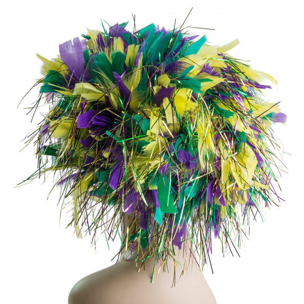 MARDI GRAS Feather Tinsel Wig Costume New Orleans Bourbon St Party Parade wear hat