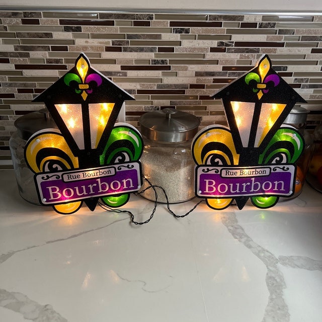 Flame Glow Mardi Gras Bourbon Street Fleur De Lis sign St Lamp Lighted Shimmer Light Lamp Post New Orleans French Quarter Parade