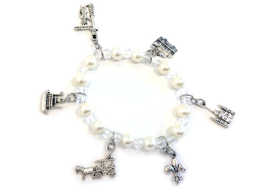 Mardi Gras Theme Pearl crystal Charm Stretch Bracelet Jester Mask Fleur De Lis