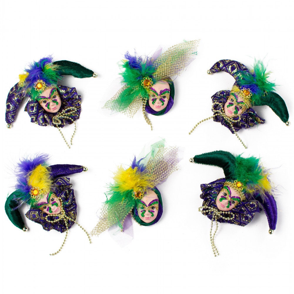 Mardi Gras 4" Assorted Jester Pins (6) Face Doll Pin w/ Feathers and Rhinestone on the side, 5" tall