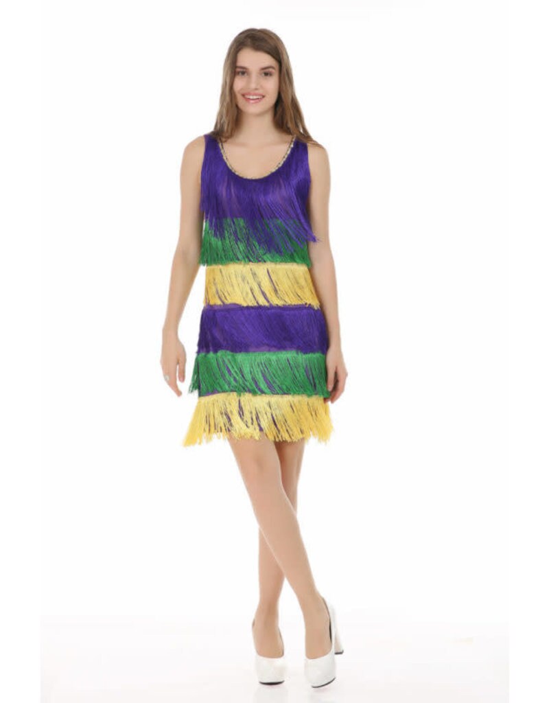 Mardi Gras Fringe Party Dress: MEDIUM Sexy Masquerade Costume Purple Green Gold Carnival Ball