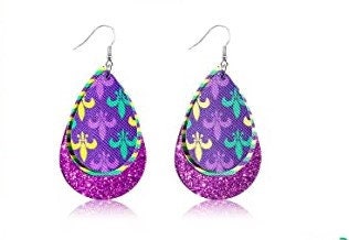 Mardi Gras  Teardrop Dangle  Multi Colored Fleur de Lis Earrings Purple, Green, Gold Costume Parade party carnival