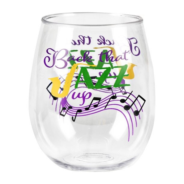 MARDI GRAS Confetti  18-Ounce Acrylic Stemless Wine Glass Back that Jazz up Cup parade Drink party New Orleans Bourbon Street comedy tragedy