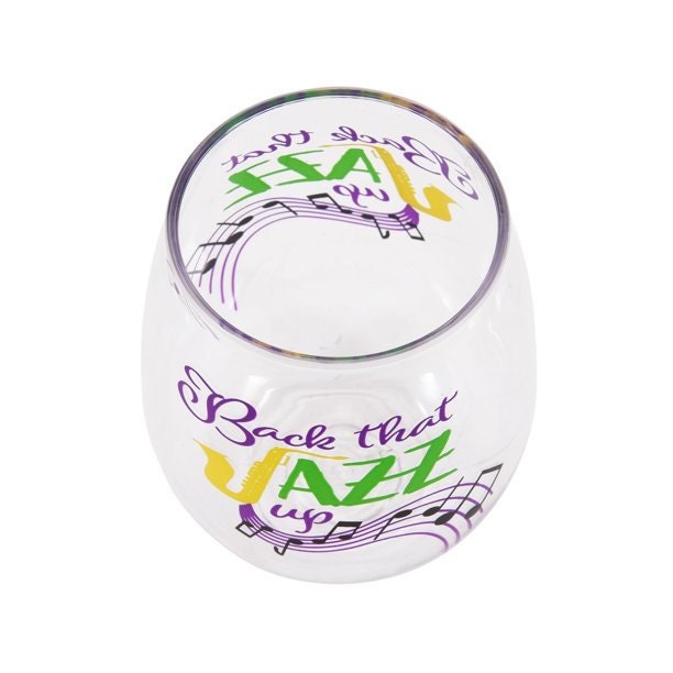 MARDI GRAS Confetti  18-Ounce Acrylic Stemless Wine Glass Back that Jazz up Cup parade Drink party New Orleans Bourbon Street comedy tragedy