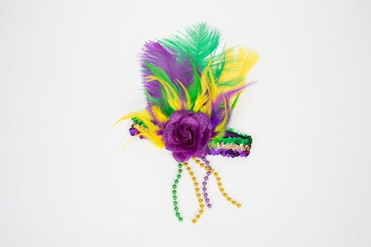 Mardi Gras Feather Fleur De Lis Sequin Headband Purple Flower Green Gold Sequin Beads Fat Tuesday Accessory New Orleans