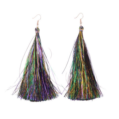 Mardi Gras Metallic Tassel Earrings Purple Green Gold tinsel Masquerade Ball Costume Parade New Orleans