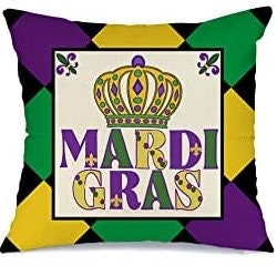 Mardi Gras Pillow Cover for Home Decorations Harlequin Crown King Beads Fleur De Lis  purple green gold Decorative Fat Tuesday