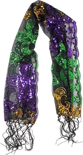 Mardi Gras Fleur De Lis Sequined Scarf and Seed bead Earrings Set  Purple Green Gold Fringe MASQUERADE COSTUME Sexy table runner tree skirt