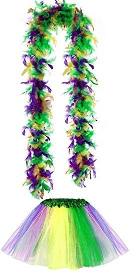 2 Pcs Mardi Gras Feather Boa and tutu Skirt Costumes Party Purple Green Gold Masquerade Ball Costume Parade New Orleans