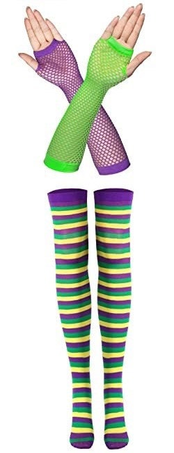 2 Pcs Mardi Gras thigh high striped socks, tights and net gloves Costumes Party Purple Green Gold Masquerade Ball Costume Parade New Orleans