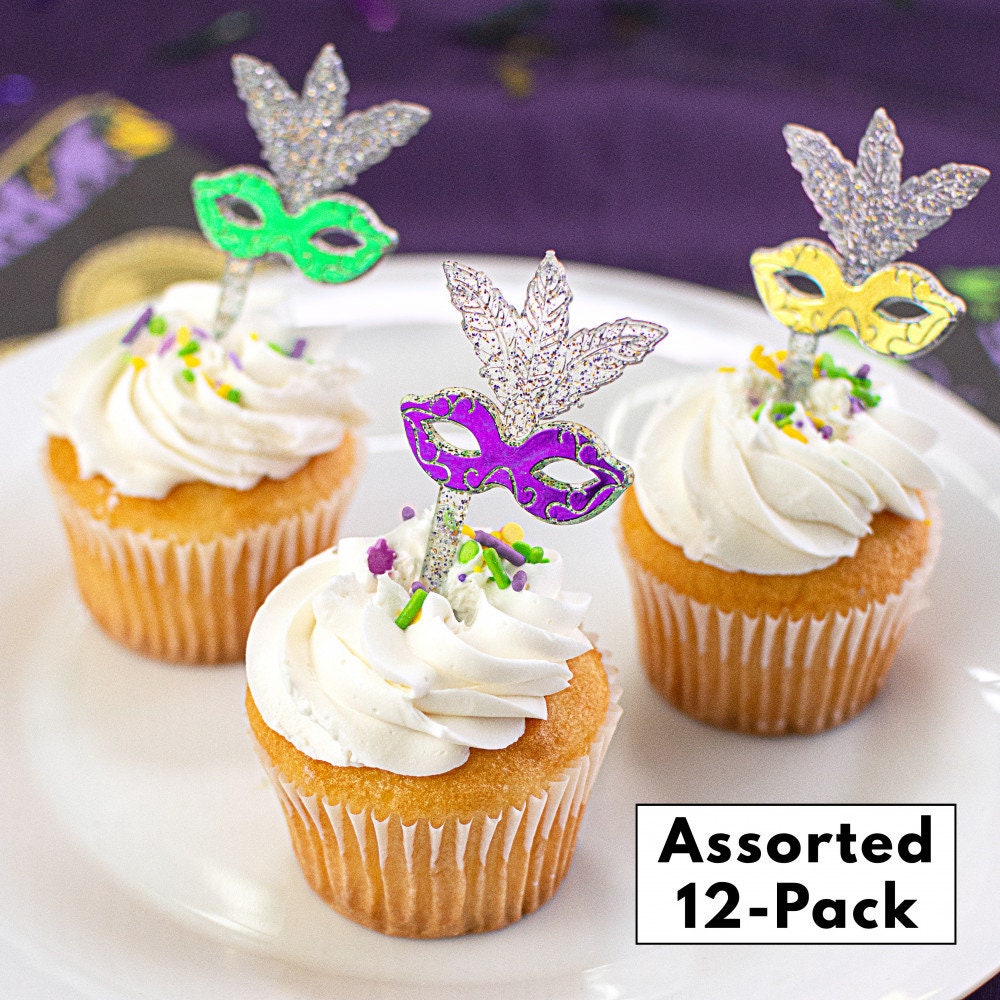 Mardi gras purple green gold Glitter Mask Food Picks (12) pics Cupcake Toppers (12) Parade masquerade parade party pick picks