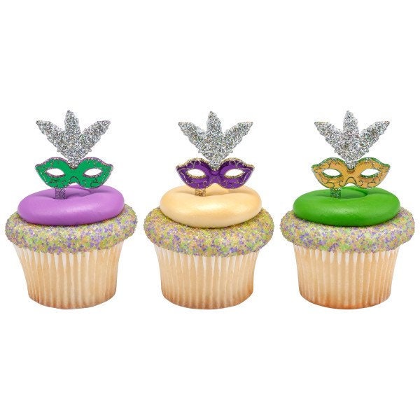 Mardi gras purple green gold Glitter Mask Food Picks (12) pics Cupcake Toppers (12) Parade masquerade parade party pick picks