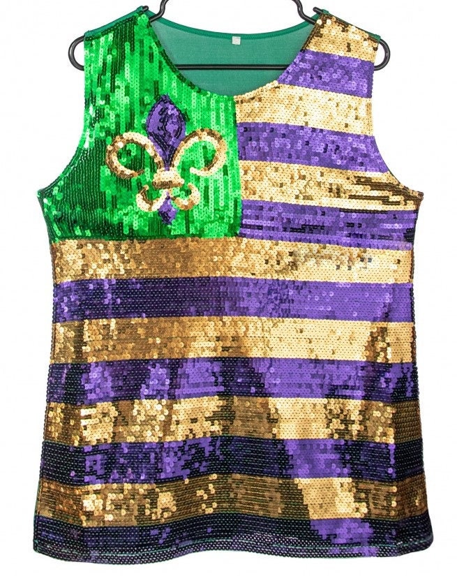 Mardi Gras Sequin sequence  Ball Top Blouse Shirt LARGE Purple Green Gold Fleur De Lis Flag  Stripe Party Parade Wear American