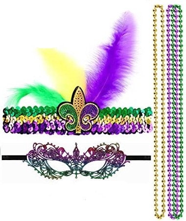 Fleur De Lis headband Colorful Embroidered Mask beads 5 piece set Accessory Mardi Gras Purple Green Gold Scarf Masquerade Costume Mardi Gras