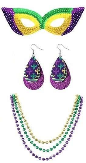 Costume Accessory set Mask Earrings Beads Mardi Gras Purple Green Gold Masquerade Costume