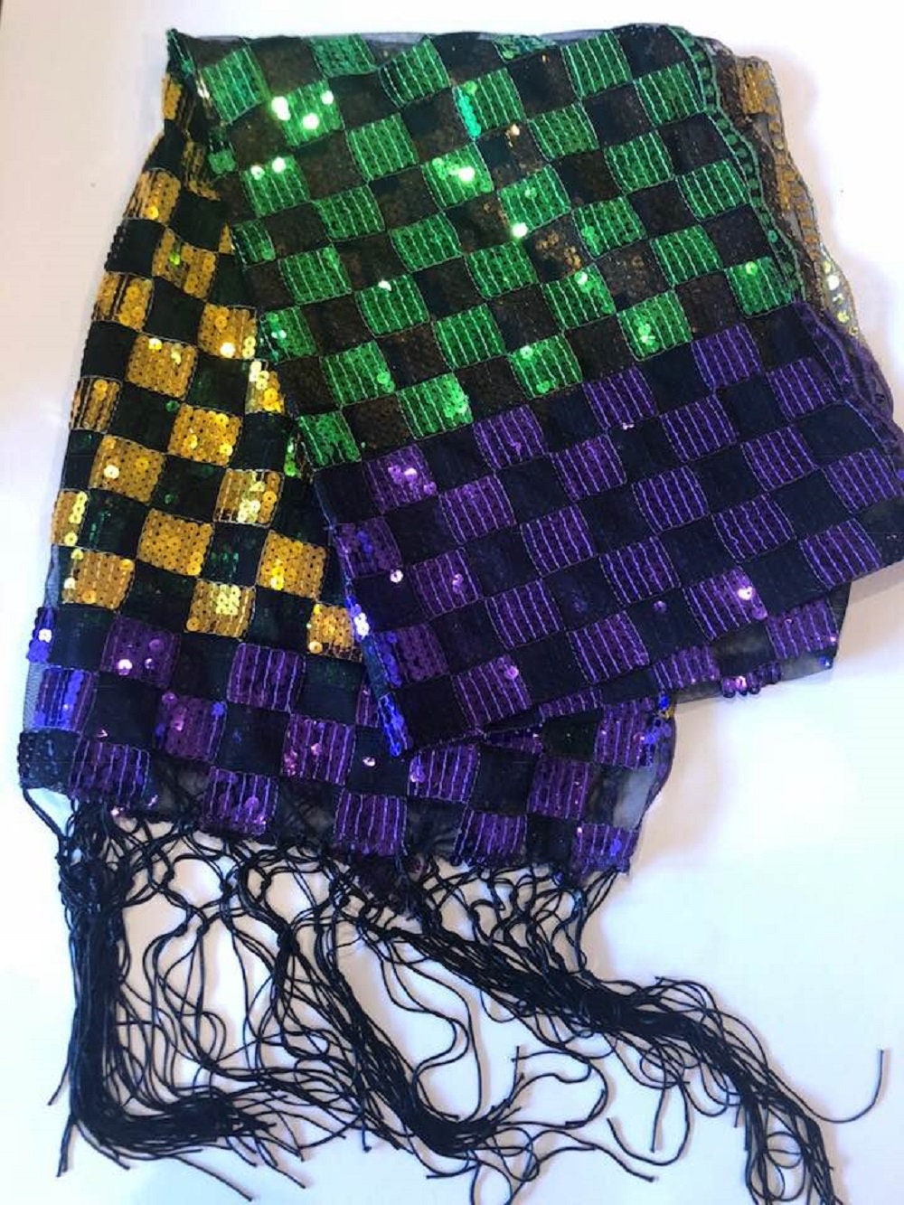 Mardi Gras Sequin Checker Fringe Oblong Scarf Sequined Shawl Purple Green Gold Fringe MASQUERADE COSTUME SEXY table runner tree skirt