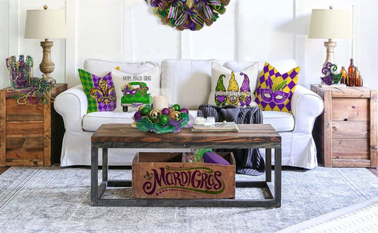 Mardi Gras Pillow Cover for Home Decorations Beads Fleur De Lis HARLEQUIN Mask Gnomes Farm Truck  purple green gold Decorative