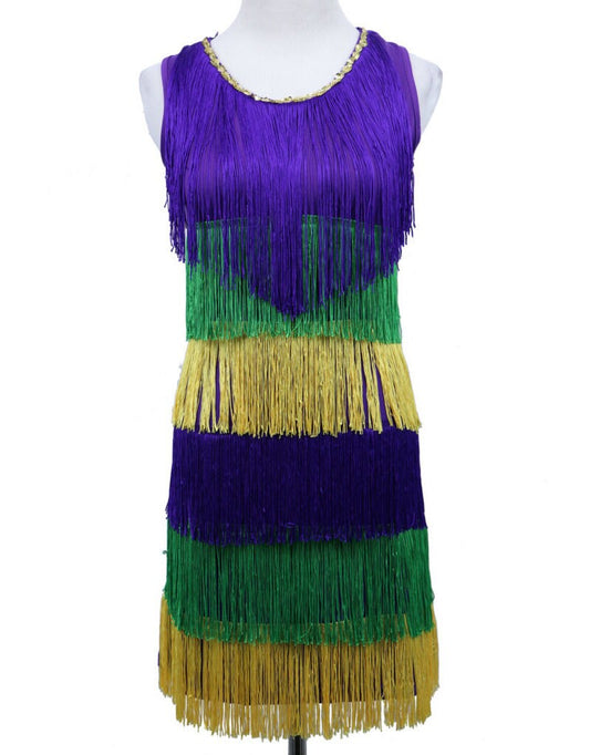 Mardi Gras Fringe Party Dress: MEDIUM Sexy Masquerade Costume Purple Green Gold Carnival Ball