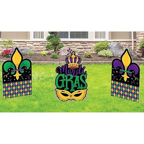 Mardi Gras Crawfish Boil Cook out Seafood Party Yard Signs Fleur De lis Mask Harlequin Crown Corrugated Plastic Yard Signs, 15in x 24in, 3ct