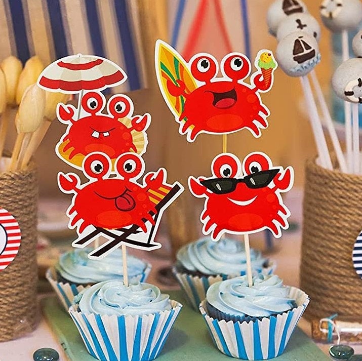 Crab Cupcakes Picks Cake Red Festive Cake Topper Birthday Party Girls Seafood Decorations Party Lobster Crawfish seafood Boil Mardi Gras