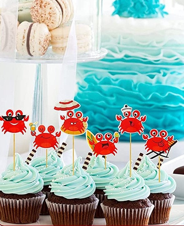 Crab Cupcakes Picks Cake Red Festive Cake Topper Birthday Party Girls Seafood Decorations Party Lobster Crawfish seafood Boil Mardi Gras